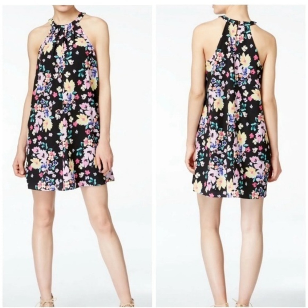 CeCe Black Floral Pleated Halter Keyhole Shift Dress - Size 4